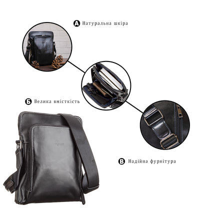Men's Leather Bag SHVIGEL 11101 Black Genuine Leather Handmade in Ukraine