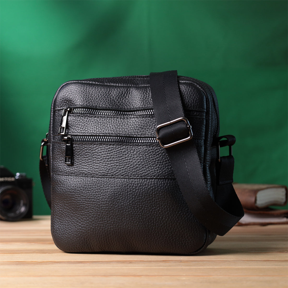 Men's Messenger Bag by SHVIGEL 22847 - Black Grain Leather - Ukrainian Craftsmanship