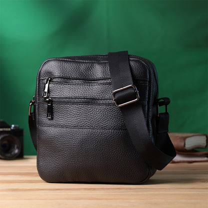 Men's Messenger Bag by SHVIGEL 22847 - Black Grain Leather - Ukrainian Craftsmanship
