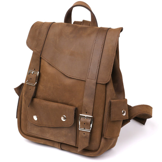 Unisex Crazy Horse Leather Backpack by SHVIGEL Model 13948 in Brown – Made in Ukraine, Natural Leather