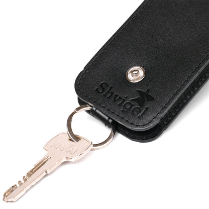 Compact Leather Key Holder with Strap SHVIGEL 13988 Black, Natural Leather, Made in Ukraine