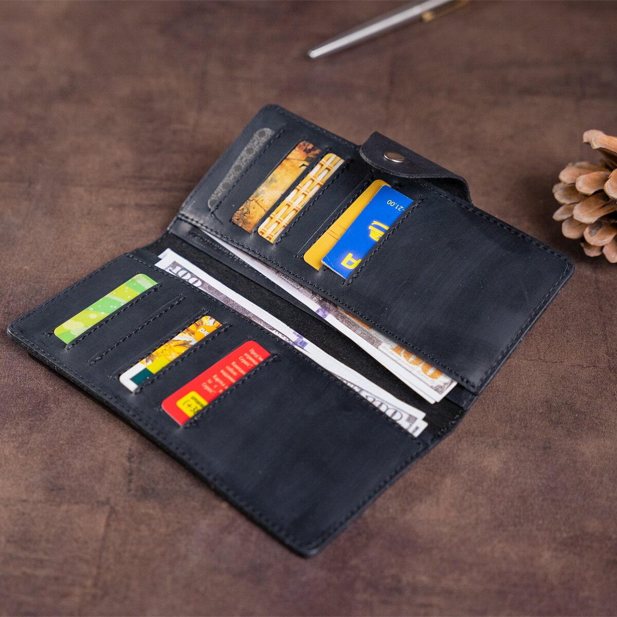 Vertical Men's Wallet by SHVIGEL 16182 in Black Vintage Leather with Button Closure