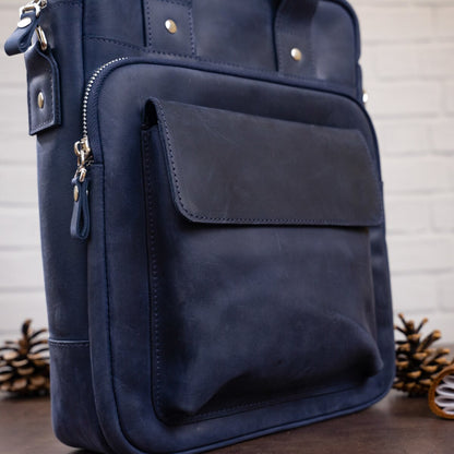 Stylish A4 Vertical Format Bag in Matte Leather by SHVIGEL, Model 11170, Blue Color