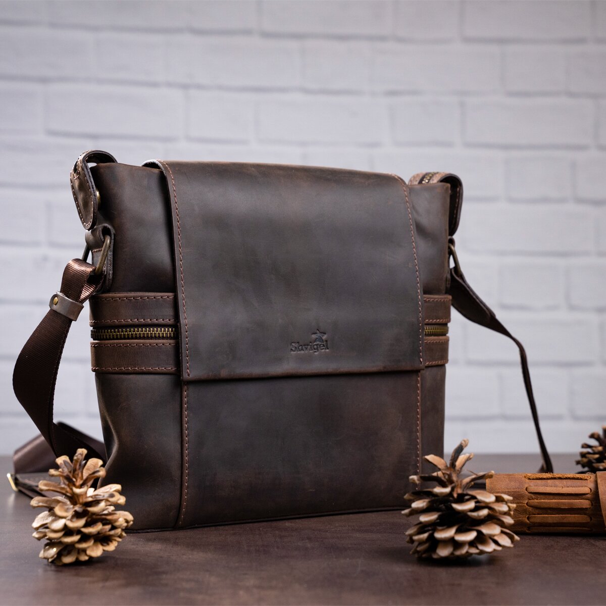 Men's Leather Bag SHVIGEL 11097 Brown Genuine Leather Made in Ukraine