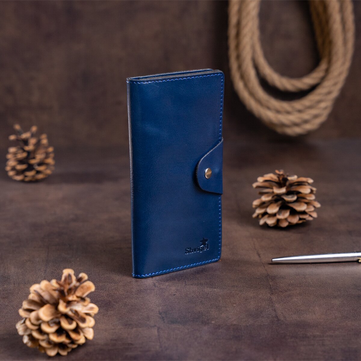Unisex Vertical Wallet SHVIGEL 16174 Blue Alcor Leather with Snap Closure