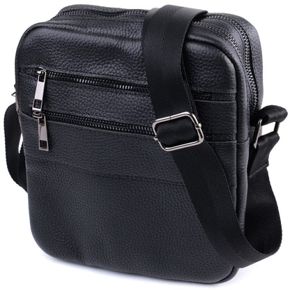 Men's Messenger Bag by SHVIGEL 22847 - Black Grain Leather - Ukrainian Craftsmanship
