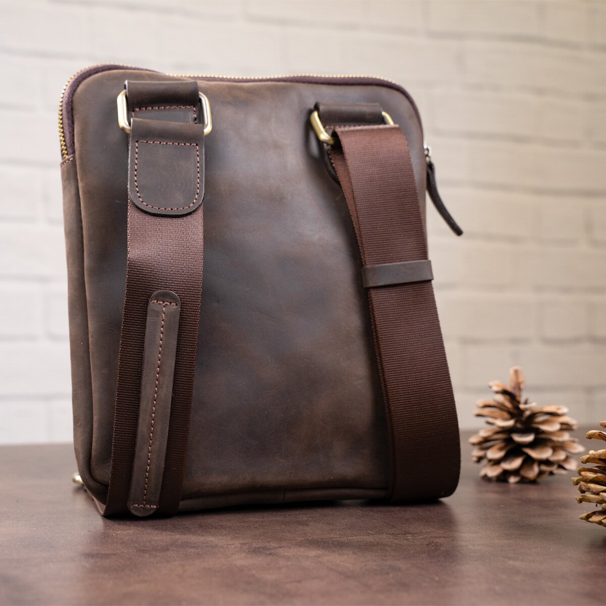 Men's Leather Bag SHVIGEL 11091 Brown Genuine Leather Handmade in Ukraine