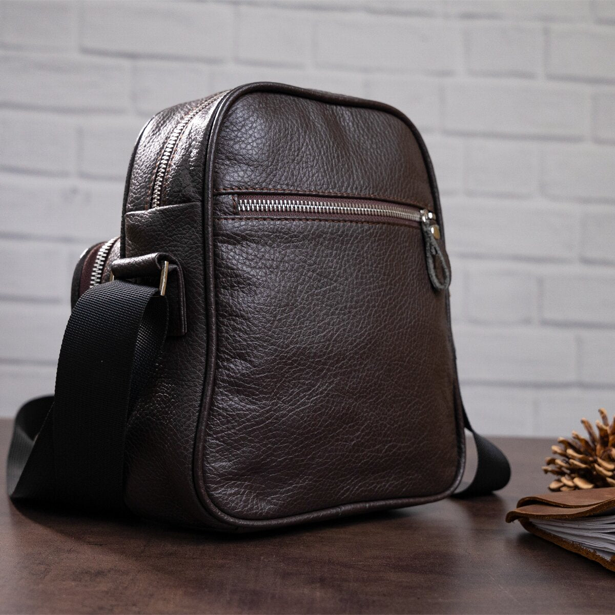 Leather Messenger Bag SHVIGEL 00899 Brown Genuine Leather, Made in Ukraine