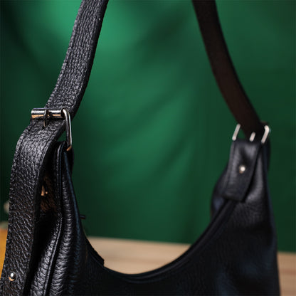 Baguette Bag SHVIGEL 22833 Black Grainy Genuine Leather with Adjustable Strap