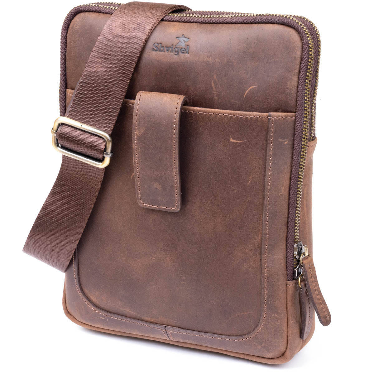 Men's Leather Tablet Bag SHVIGEL 11285 Brown with Two Compartments, Ukrainian Crafted