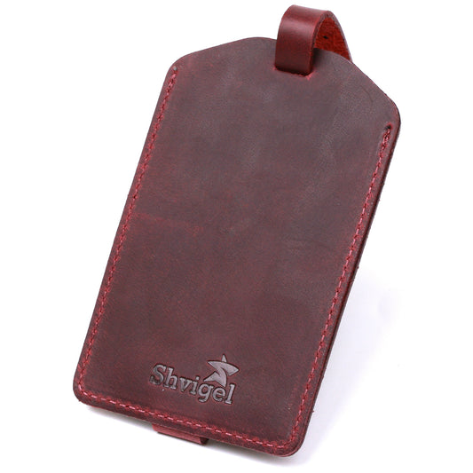 Vintage Matte Leather Luggage Tag SHVIGEL 16558 Burgundy Natural Leather