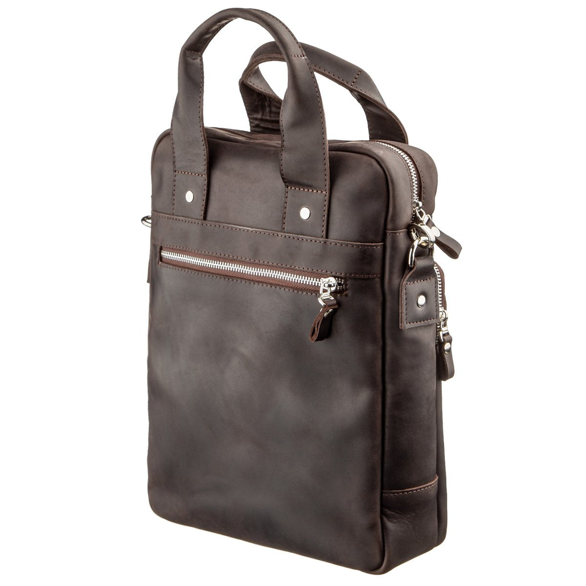 Vintage A4 Vertical Leather Bag by SHVIGEL 11166, Brown, Natural Leather Material, Made in Ukraine