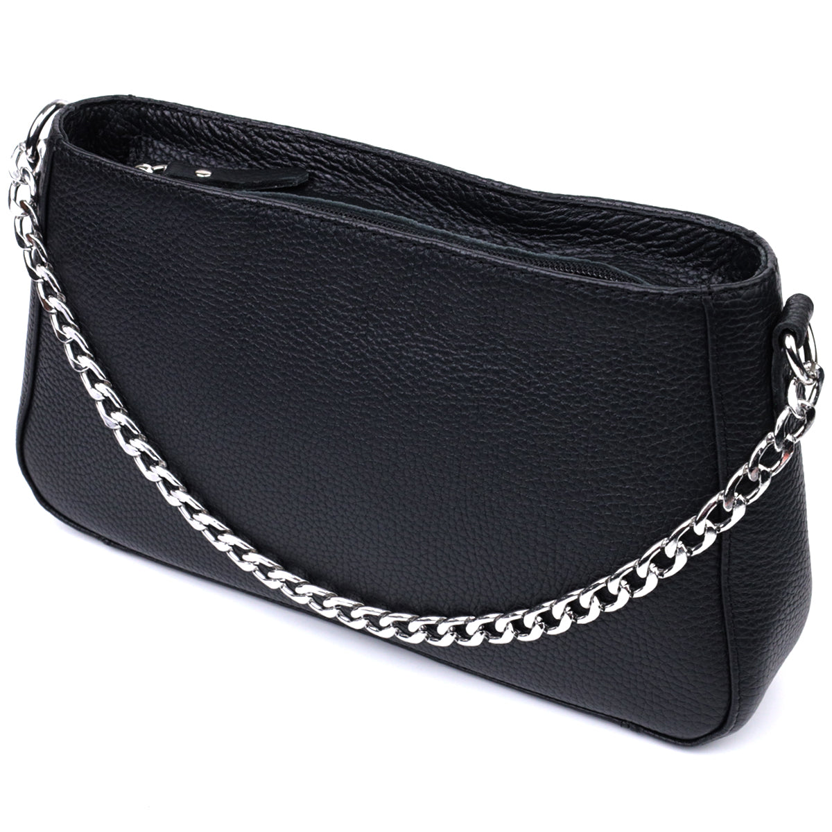 Women’s Baguette Bag with Chain and Detachable Strap, SHVIGEL 22837, Black, Grainy Leather