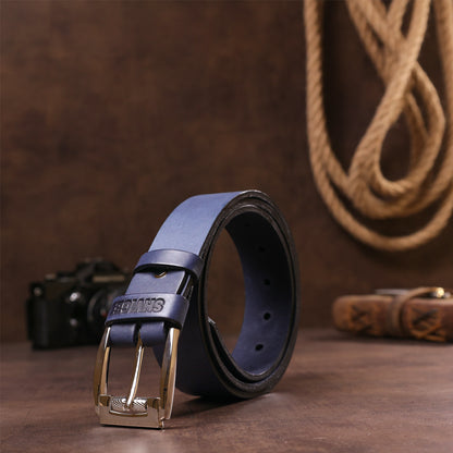 Classic Men's Leather Belt SHVIGEL 11254 Blue Natural Leather Made in Ukraine