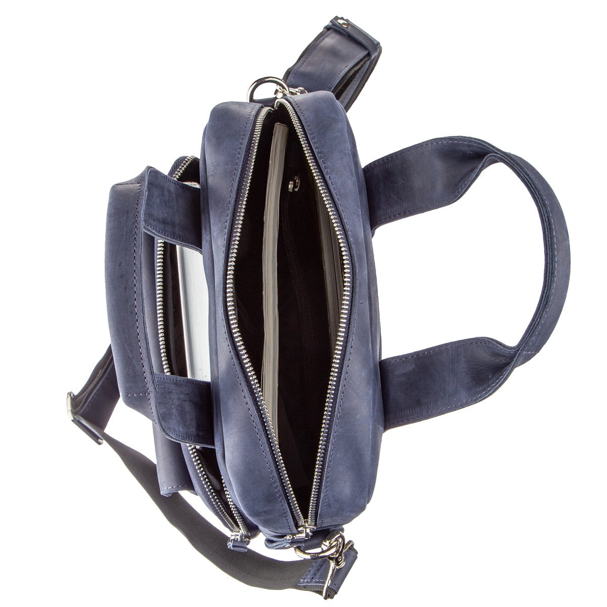 Stylish A4 Vertical Format Bag in Matte Leather by SHVIGEL, Model 11170, Blue Color