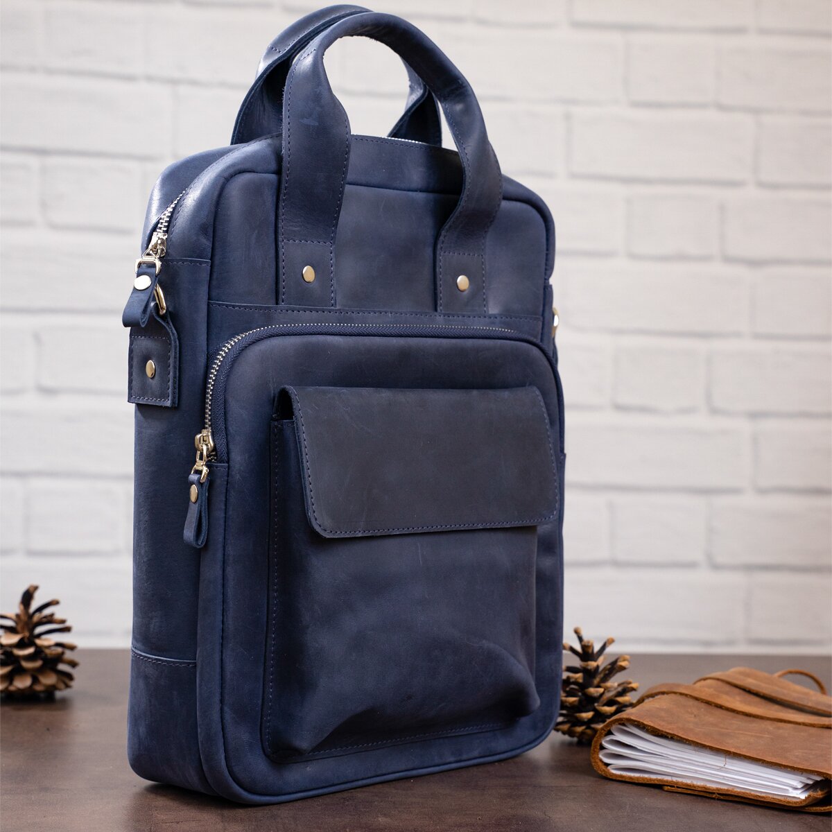 Stylish A4 Vertical Format Bag in Matte Leather by SHVIGEL, Model 11170, Blue Color