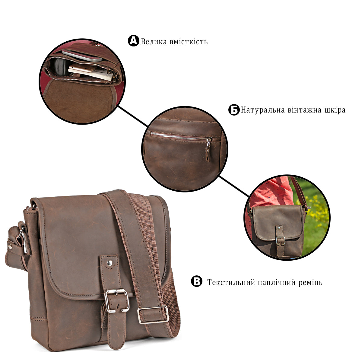 Vintage Leather Bag SHVIGEL 00890 Brown Natural Leather Made in Ukraine
