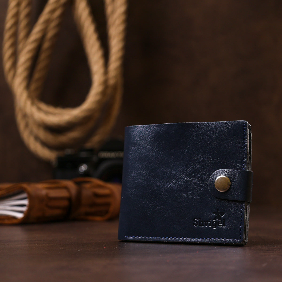 Compact Blue Leather Wallet for Men - SHVIGEL Art. 16465, Natural Leather, Made in Ukraine