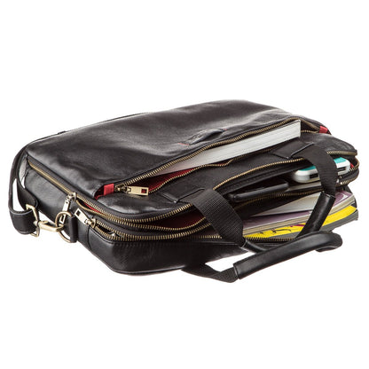 Men's Leather Laptop Bag SHVIGEL 19106 Black with Dual Compartments, Genuine Leather