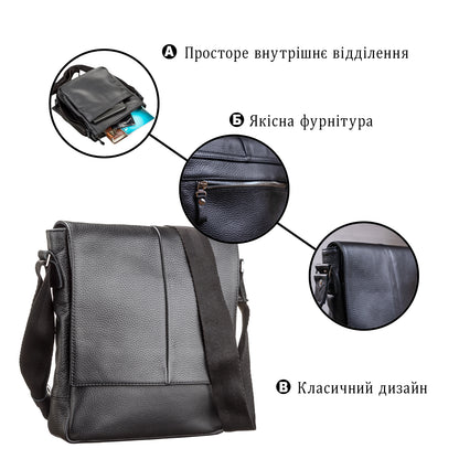 Men's Bag SHVIGEL 00861 Black Genuine Leather, Durable Ukrainian Craftsmanship