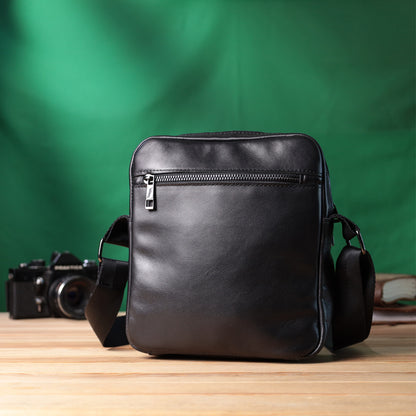 Classic Men's Messenger Bag by SHVIGEL, Model 22846, Glossy Black Natural Leather