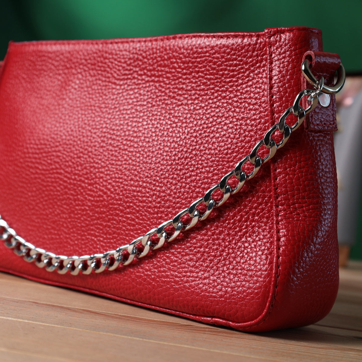 Bright Baguette Bag with Chain and Detachable Strap, SHVIGEL 22836, Red, Natural Leather