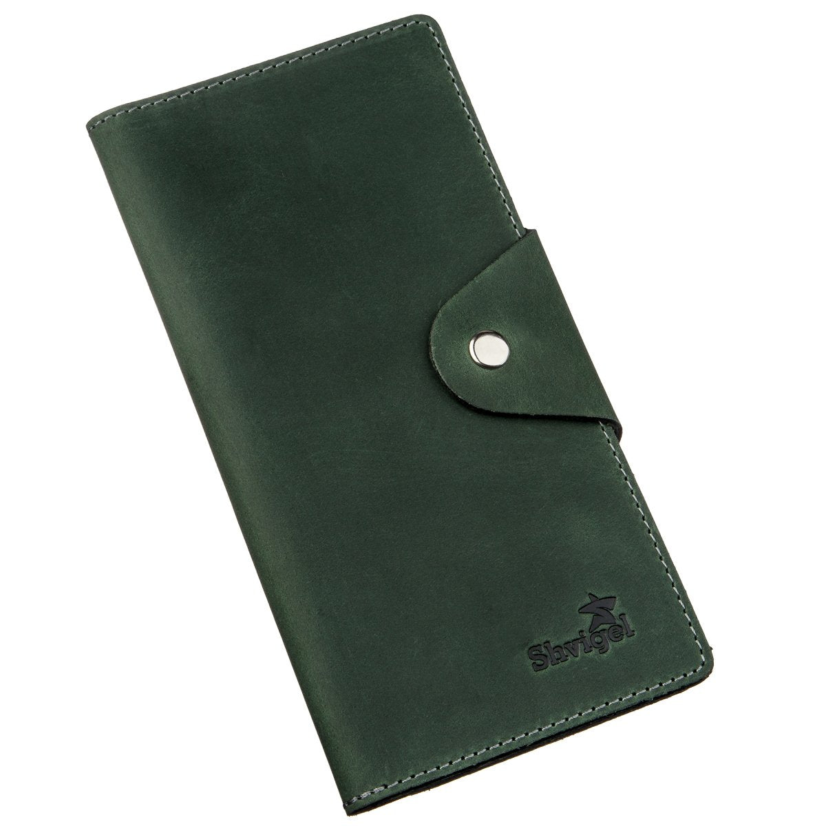 Unisex Vertical Wallet SHVIGEL 16179 Vintage Green Leather with Button Closure