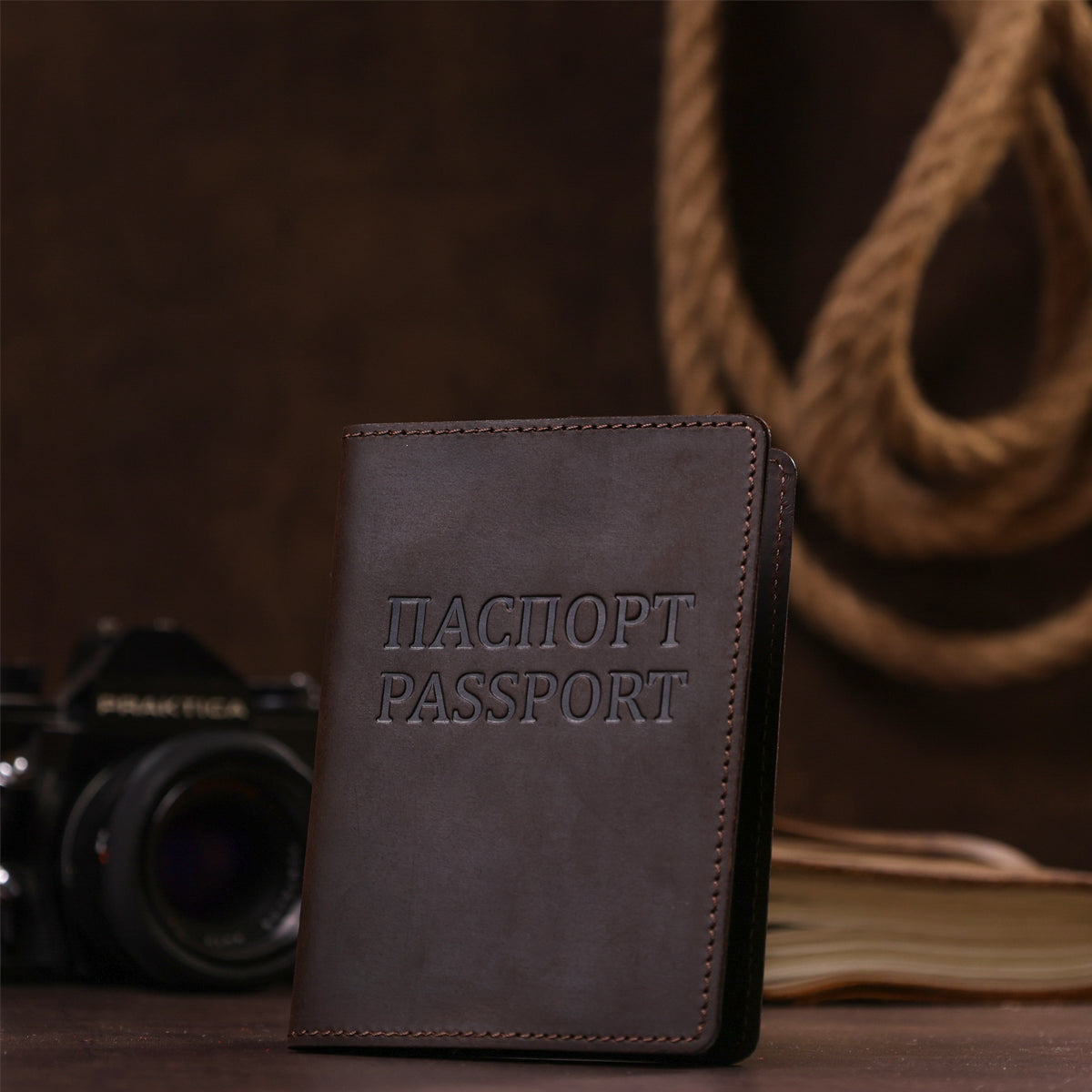 Leather Passport Cover SHVIGEL 13918 Brown Natural Leather Ukrainian Design Features