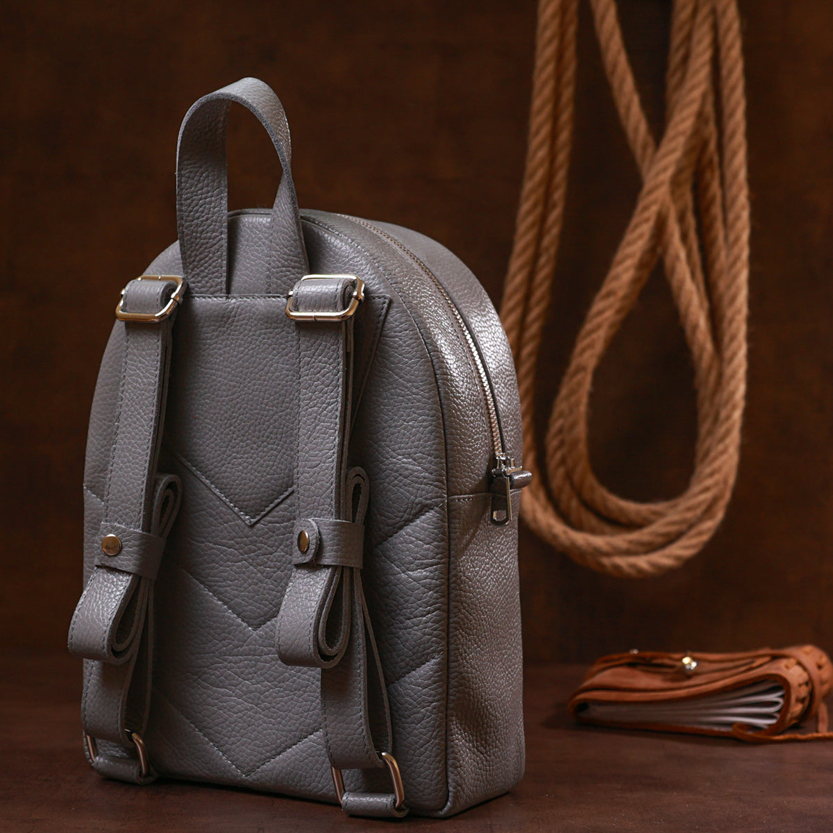Practical Women's Backpack SHVIGEL 16323 Gray, Natural Leather, Ukrainian Craftsmanship