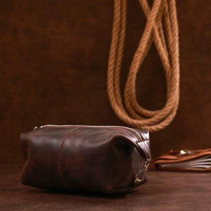 Vintage Leather Cosmetic Bag SHVIGEL 16398 Brown - Natural Leather, Made in Ukraine