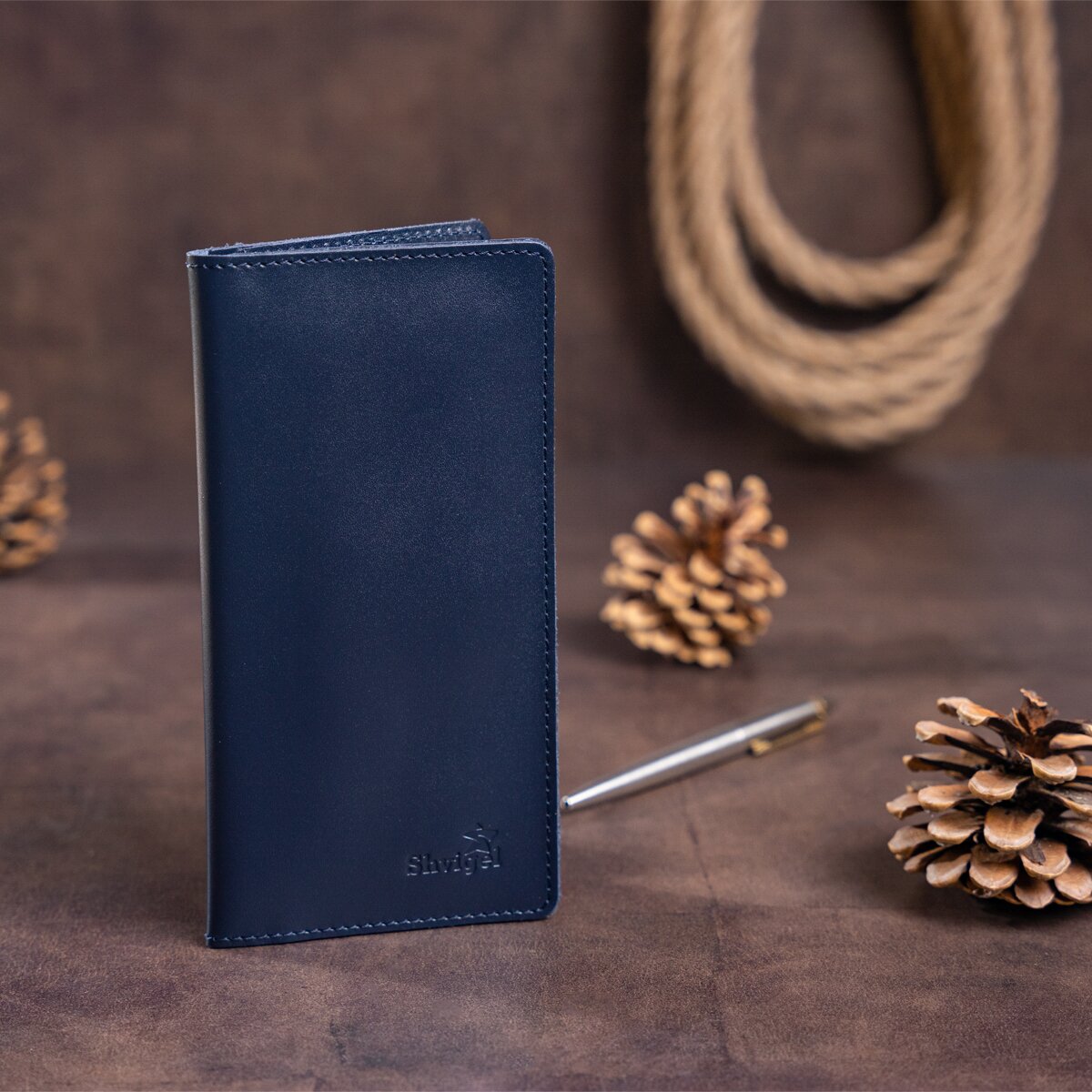 Vertical Wallet SHVIGEL 13993 Blue Natural Leather Handmade from Ukraine
