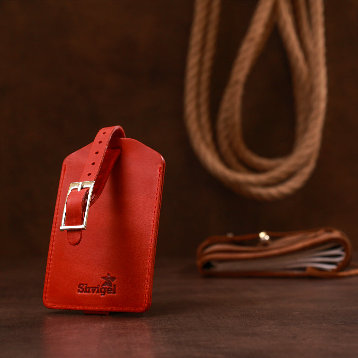 Vintage Leather Luggage Tag SHVIGEL 16556 Red - Handmade Ukrainian Natural Leather