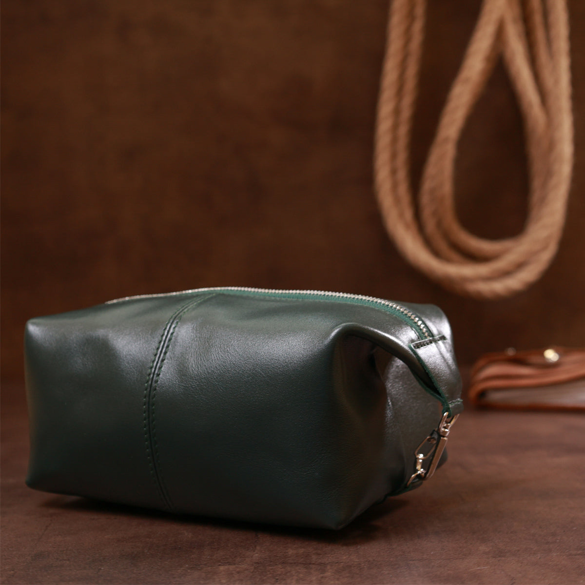 Universal Cosmetic Bag SHVIGEL 16405 Green Natural Leather Practical Design