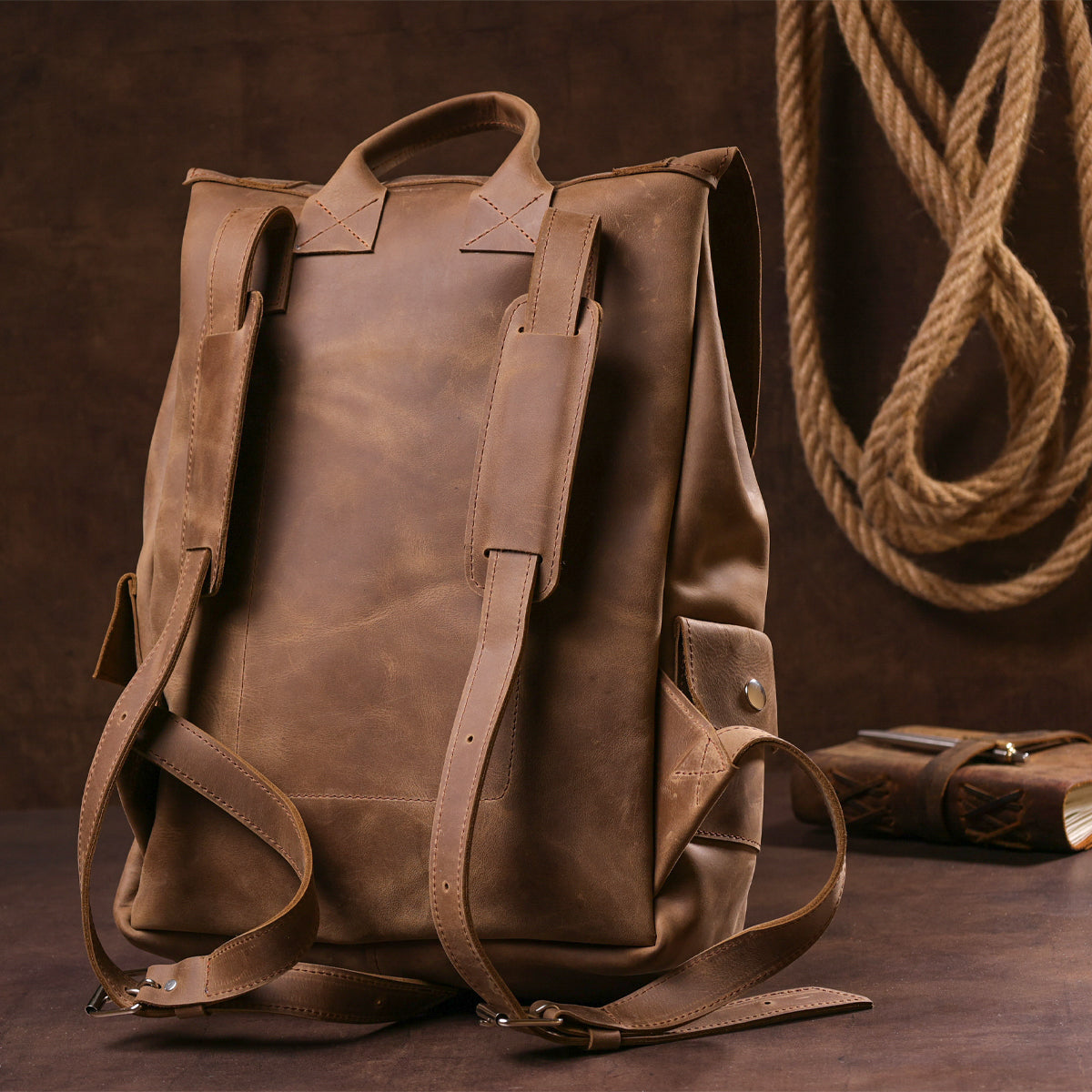 Vintage Effect Backpack SHVIGEL 13947 Brown Natural Leather Handmade in Ukraine