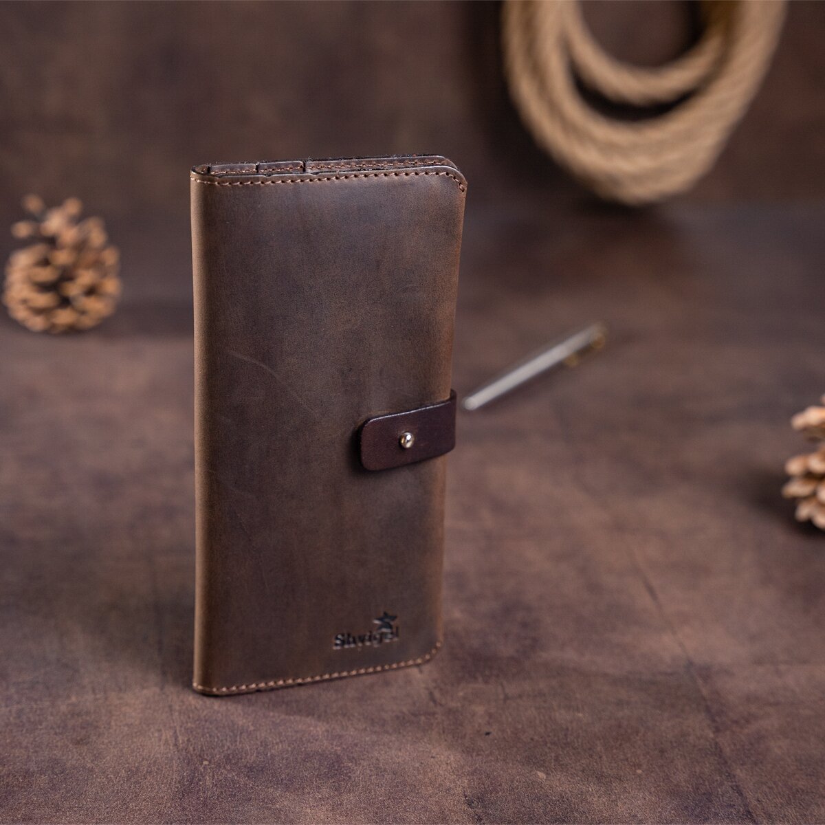 Men's Vintage Leather Wallet SHVIGEL 16207 Dark Brown Made in Ukraine Natural Leather