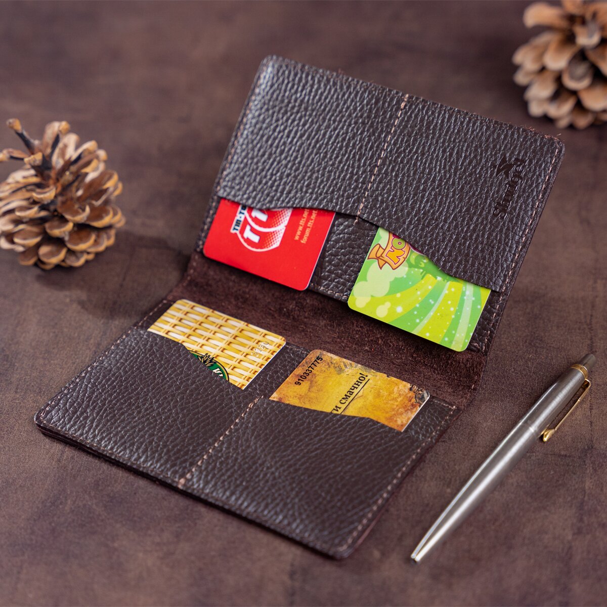 Leather Passport Cover Wallet SHVIGEL 13960 Brown Genuine Leather Handmade from Ukraine