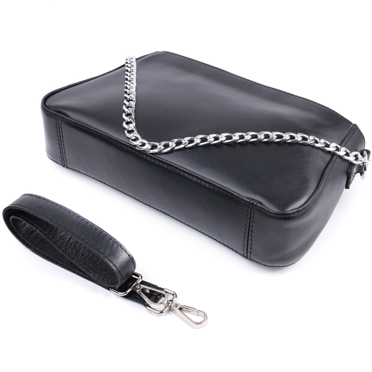 Ladies' Baguette Bag with Detachable Chain and Strap, SHVIGEL 22838, Black Leather