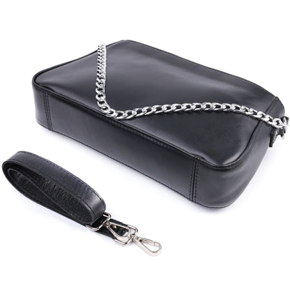 Ladies' Baguette Bag with Detachable Chain and Strap, SHVIGEL 22838, Black Leather