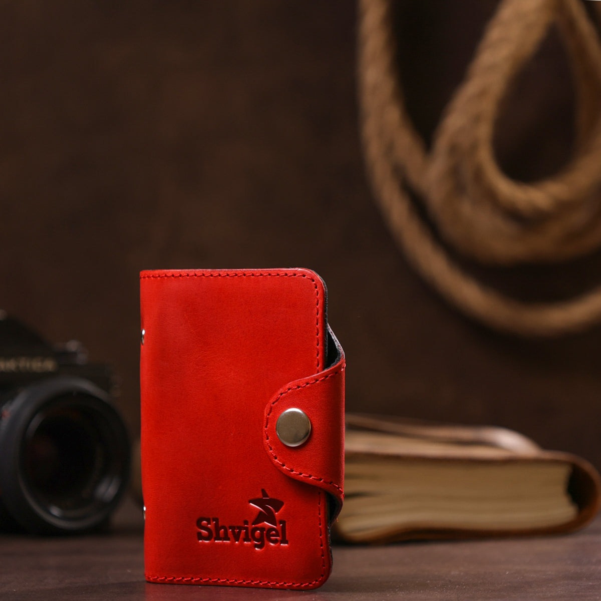 Vertical Business Card Holder SHVIGEL 13910 Red Genuine Leather for Business Cards