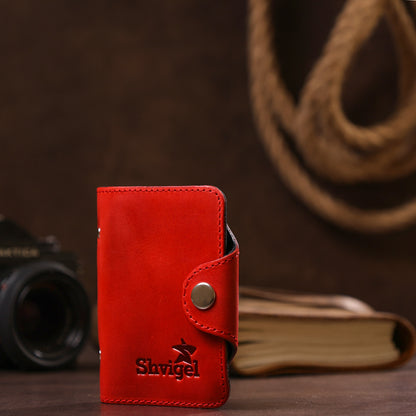 Vertical Business Card Holder SHVIGEL 13910 Red Genuine Leather for Business Cards