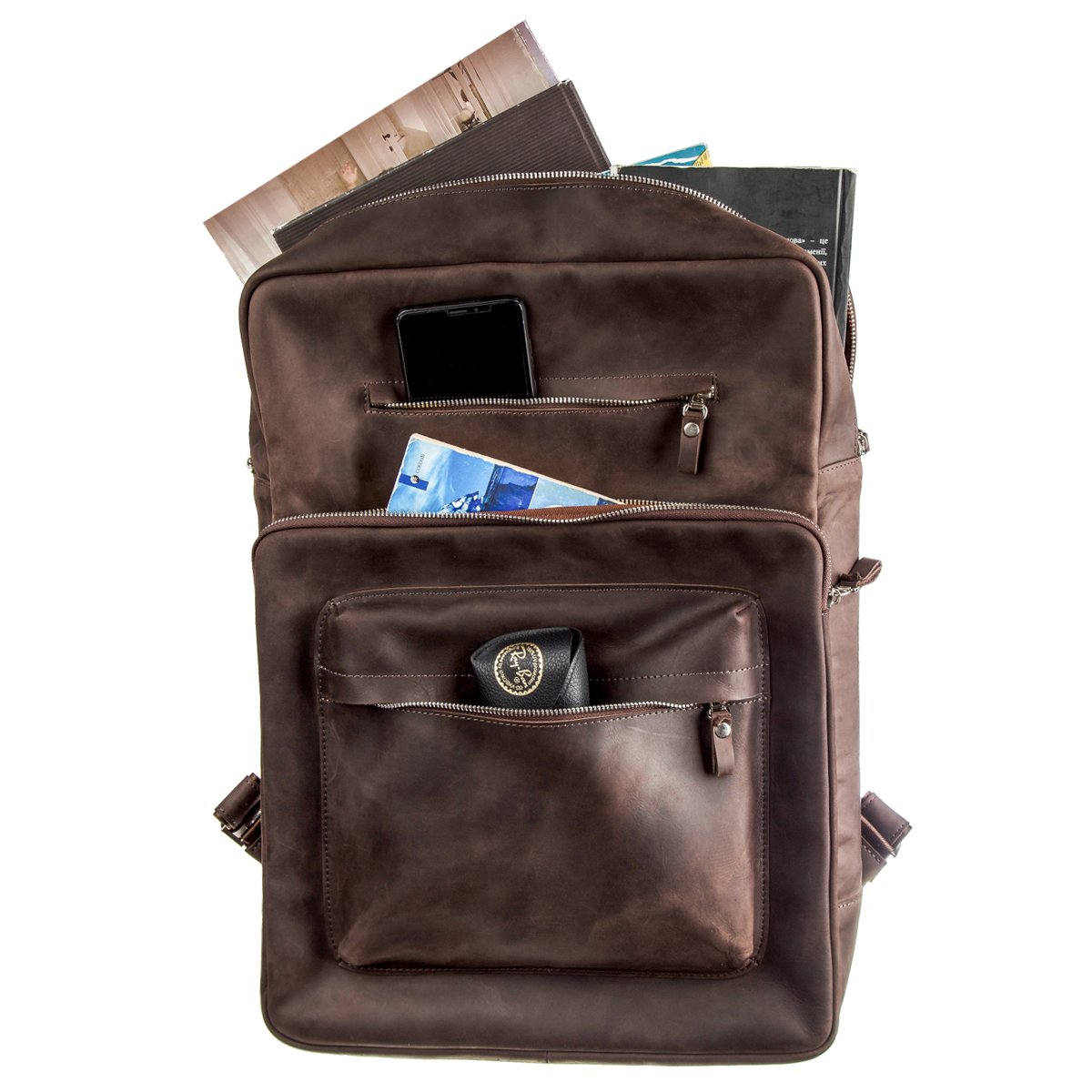 Large Leather Backpack by SHVIGEL 15307 in Brown with Crazy Horse Finish, Made in Ukraine