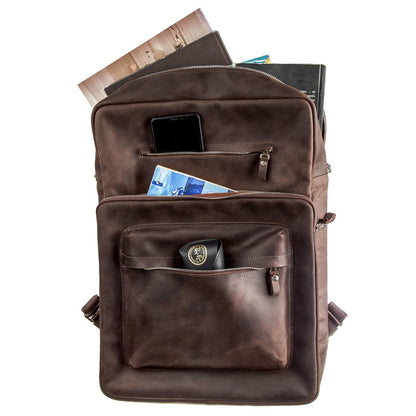 Large Leather Backpack by SHVIGEL 15307 in Brown with Crazy Horse Finish, Made in Ukraine