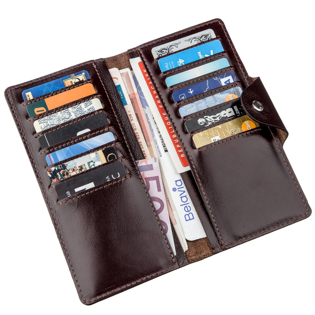 Vertical Wallet SHVIGEL 16171 Brown Alcor Leather with Snap Closure, Ukraine Made