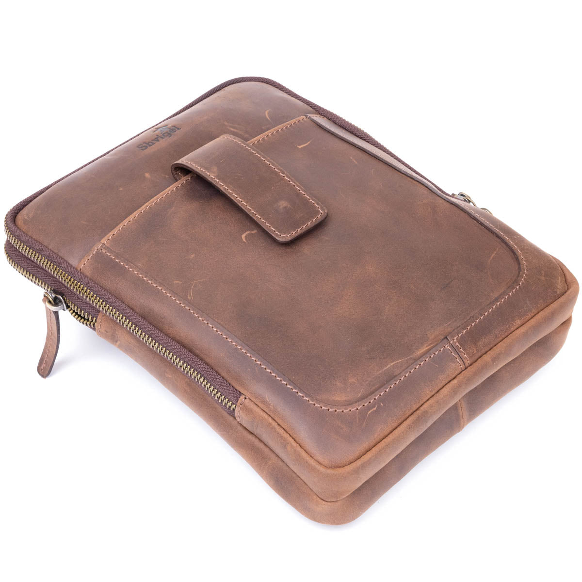 Men's Leather Tablet Bag SHVIGEL 11285 Brown with Two Compartments, Ukrainian Crafted