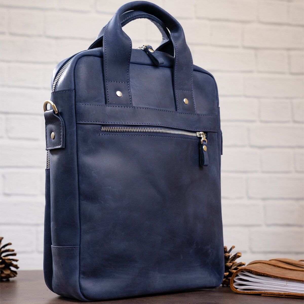 Stylish A4 Vertical Format Bag in Matte Leather by SHVIGEL, Model 11170, Blue Color