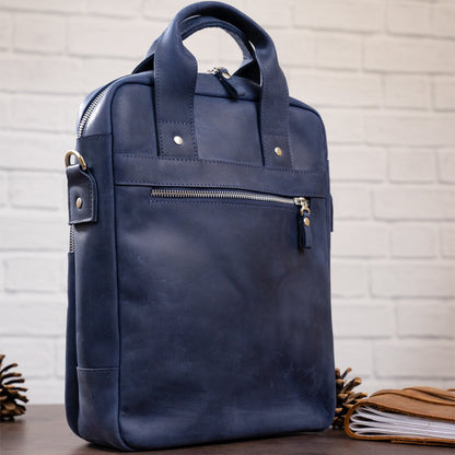 Stylish A4 Vertical Format Bag in Matte Leather by SHVIGEL, Model 11170, Blue Color