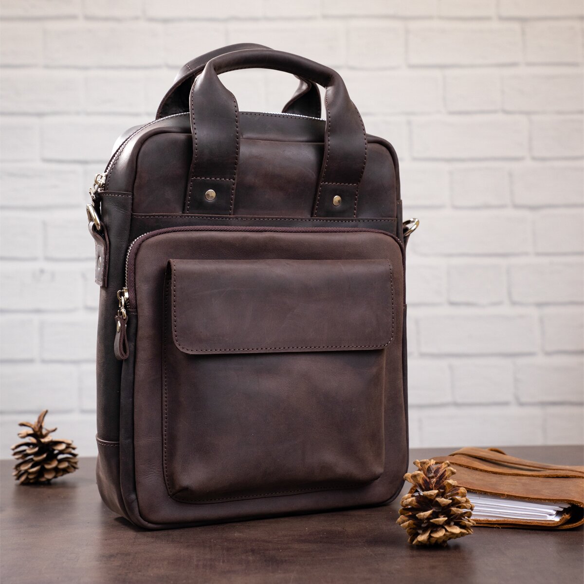 Vintage A4 Vertical Leather Bag by SHVIGEL 11166, Brown, Natural Leather Material, Made in Ukraine