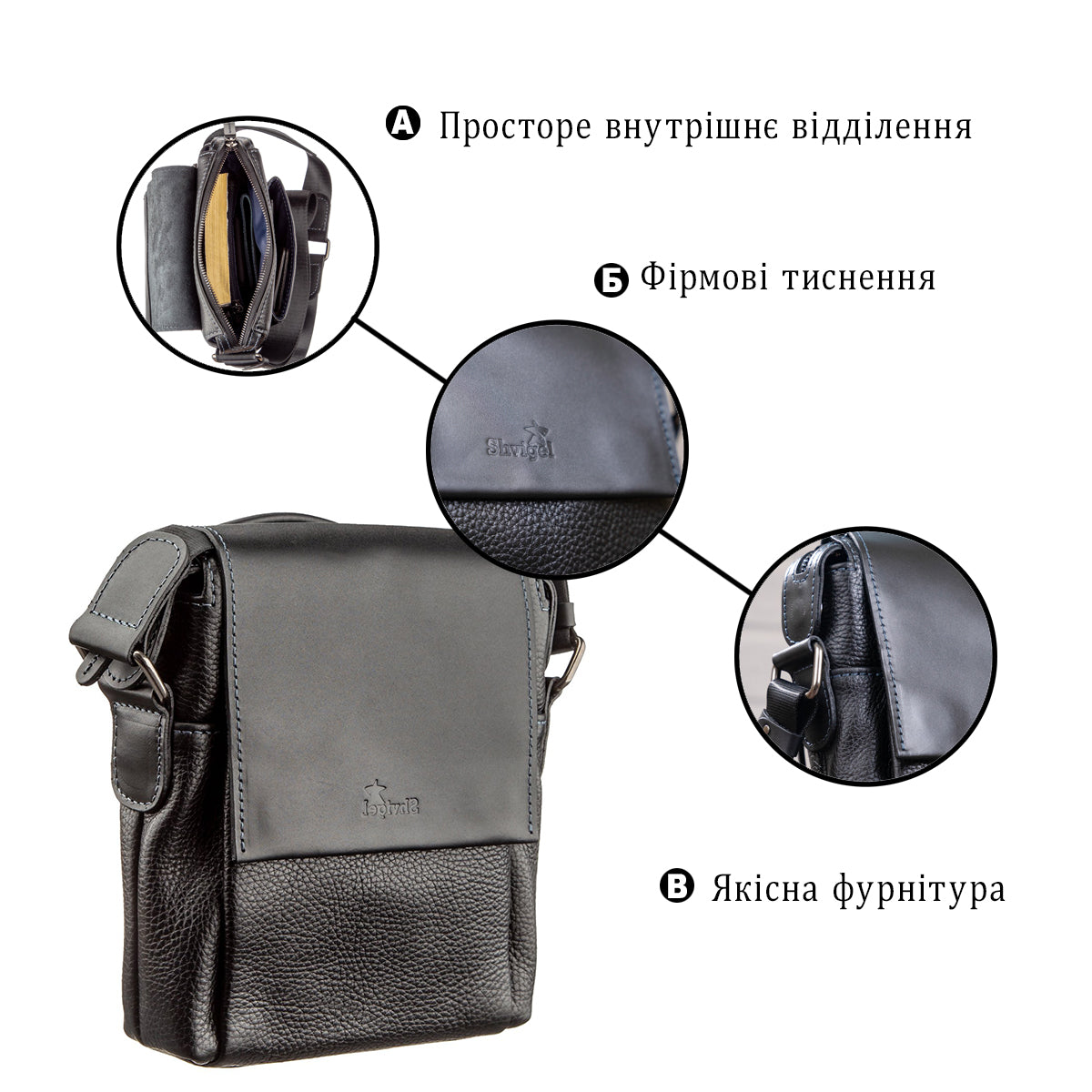 Men's Leather Combo Bag SHVIGEL 11174 Black Natural Leather Durable Design