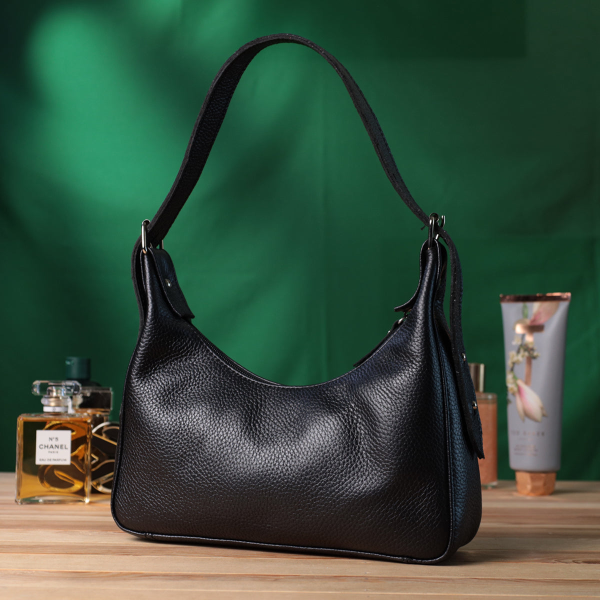 Baguette Bag SHVIGEL 22833 Black Grainy Genuine Leather with Adjustable Strap