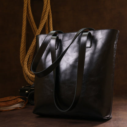 Classic Women's Leather Shopper Bag SHVIGEL 16365 Black - Natural Leather Design